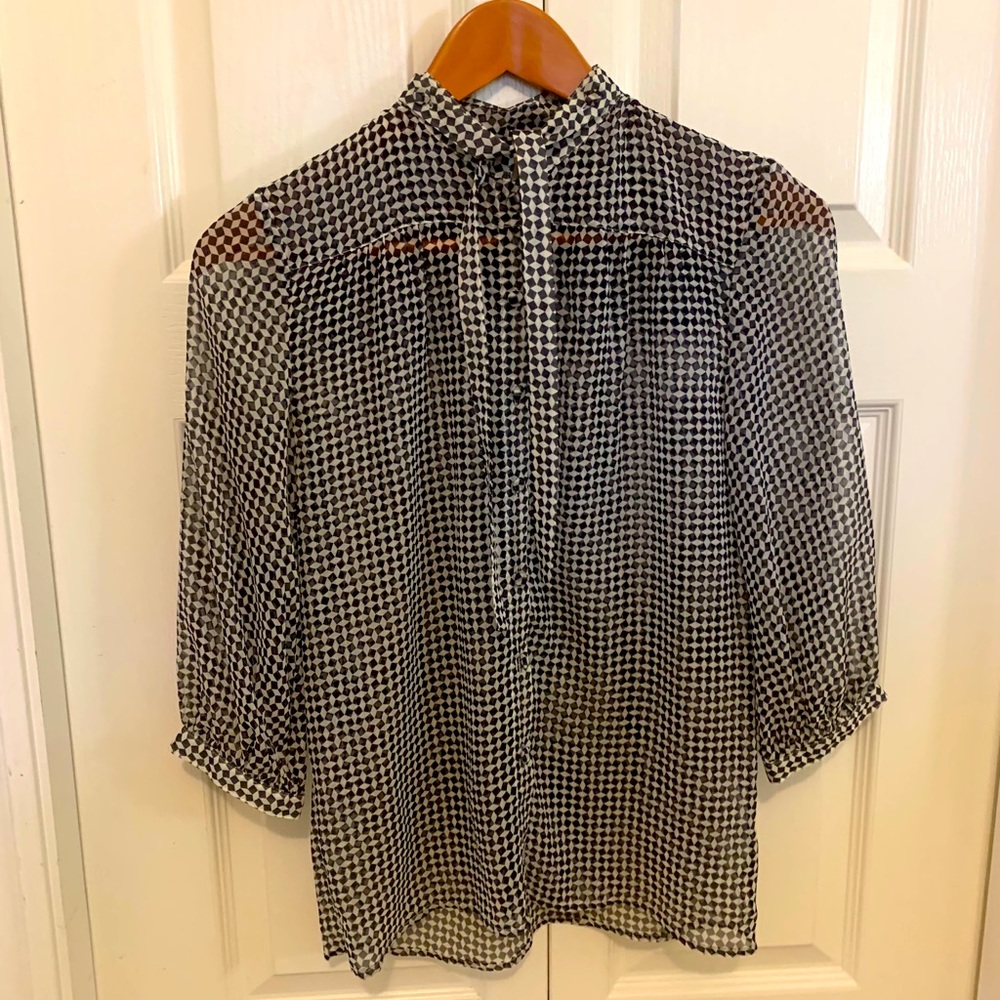 Joe Fresh 100% Silk Navy & White Print Top